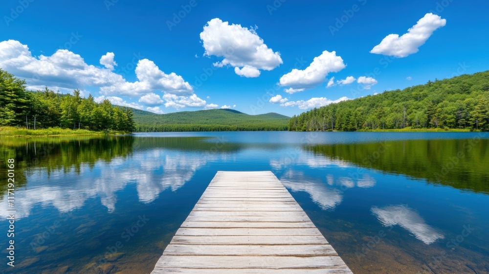 A calm lake reflects the sky and surrounding greenery, while a wooden pier extends into the clear water, inviting relaxation and nature appreciation A calm lake reflects the sky and surrounding greenery, while a wooden pier extends into the clear water, inviting relaxation and nature appreciation