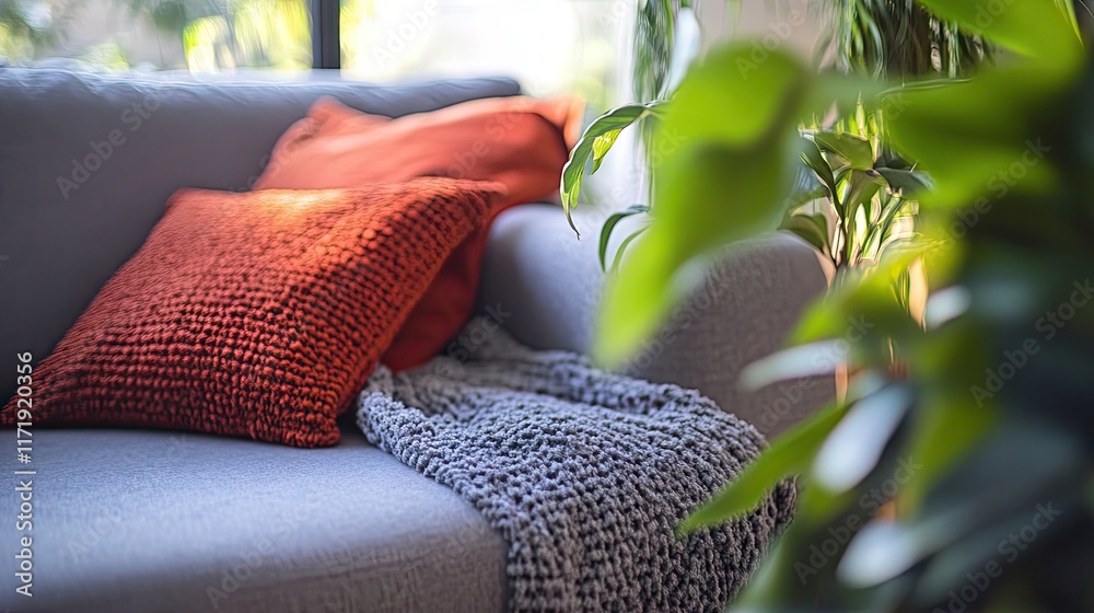 Obraz premium Comfortable gray sofa with houseplants and subtle red festive touches in a serene home interior