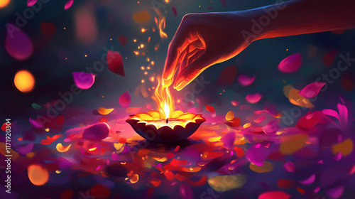 A hand placing a flame-lit diya amidst vibrant petals and sparkling lights, capturing the essence of celebration and spirituality. Flamelit. Illustration photo