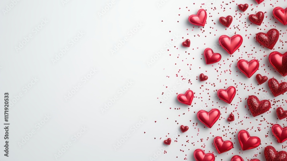 A whimsical scattering of vibrant red hearts dances across a pristine white surface, embodying the spirit of love and affection this Valentine's Day. A whimsical scattering of vibrant red hearts dances across a pristine white surface, embodying the spirit of love and affection this Valentine's Day.