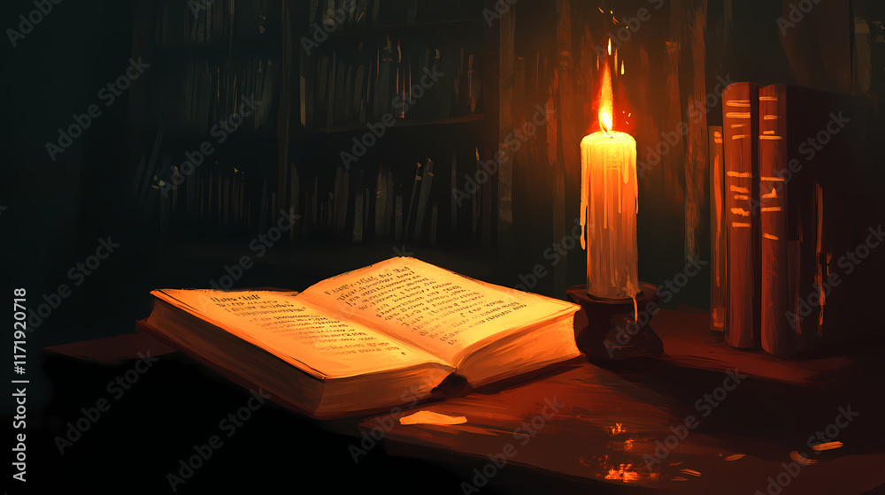 A serene, dimly lit scene featuring an open book beside a lit candle, creating a warm, inviting atmosphere. Flamelit. Illustration A serene, dimly lit scene featuring an open book beside a lit candle, creating a warm, inviting atmosphere. Flamelit. Illustration