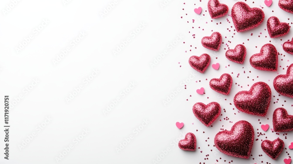 Fototapeta premium Delicate hearts in vibrant pink and red mingle with playful confetti, creating a joyful Valentine's Day celebration on a soft white canvas.