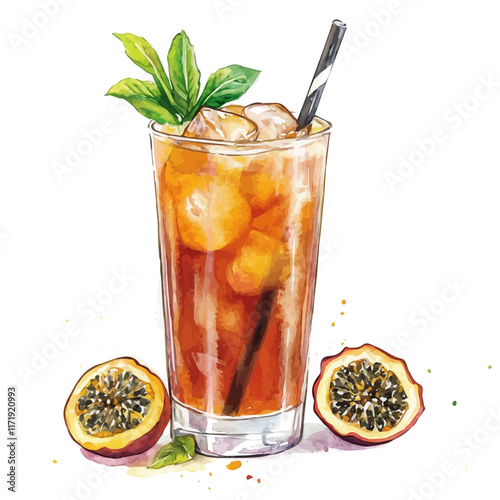 A watercolor vector painting of an Iced Passionfruit Tea, isolated on a white background. Iced Passionfruit Tea vector.

