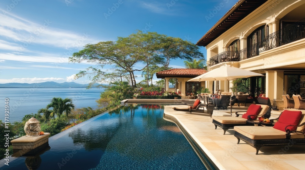 Fototapeta premium Elegant villa pool terrace featuring a glistening infinity pool, tropical landscape, and festive red accents