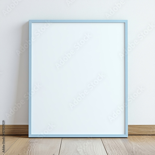 Pastel blue mockup poster frame on the wooden floor by the wall