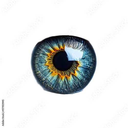 Close-up of a Human Eye with Blue Iris and Yellow Detail Isolated on Transparent Background