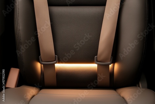 A close-up of a car seat featuring brown straps and illuminated accents, showcasing modern design and safety features. photo