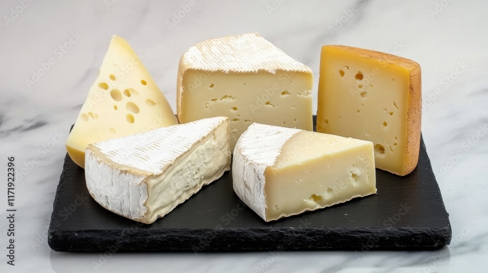 An elegant arrangement of assorted cheeses on a black wooden board, highlighting different shapes, colors, and textures for gourmet enjoyment An elegant arrangement of assorted cheeses on a black wooden board, highlighting different shapes, colors, and textures for gourmet enjoyment