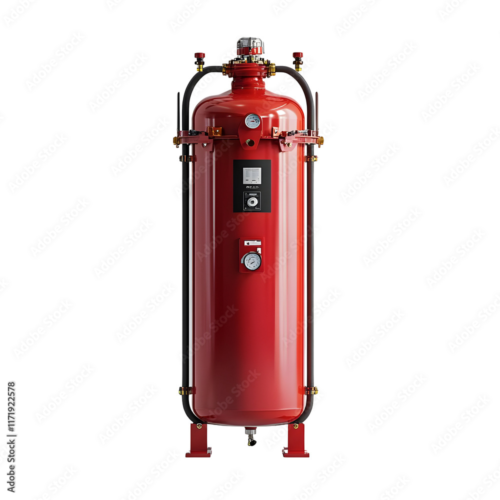 Red fire suppression system tank isolated on transparent background with gauges and pipes. Red fire suppression system tank isolated on transparent background with gauges and pipes.