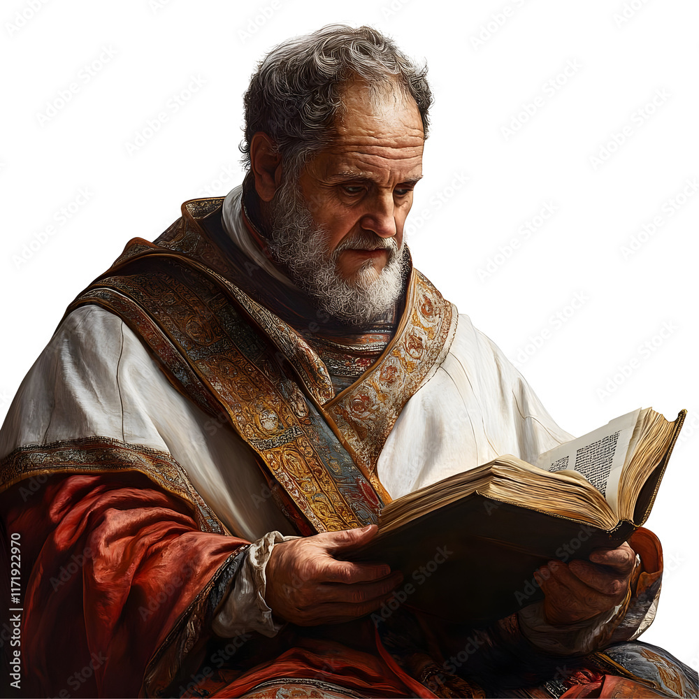 Fototapeta premium Elderly man in a robe reading an open book with a thoughtful expression isolated on a transparent background.