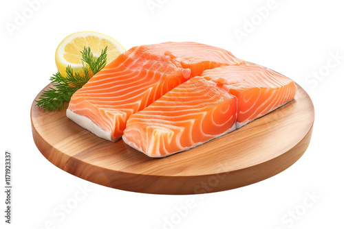 slice of raw salmon on wooden board isolated white or transparent background photo
