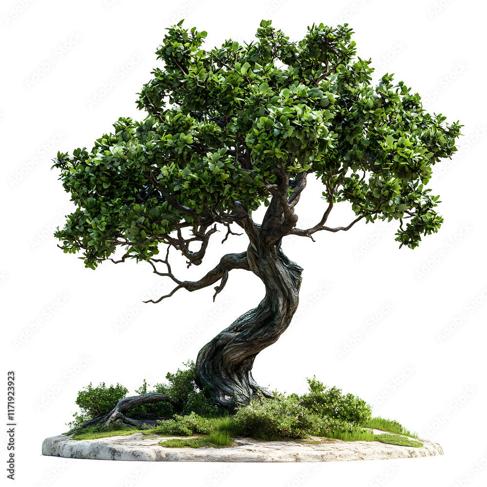 Twisted Bonsai Tree with Lush Green Foliage Isolated on Transparent Background Twisted Bonsai Tree with Lush Green Foliage Isolated on Transparent Background