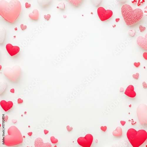 Delightful hearts dance across a pristine white canvas, brilliantly showcasing vibrant pink and red hues, embodying love and affection this Valentine's Day.