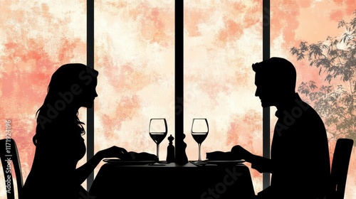 A romantic silhouette of a couple sharing an intimate moment at a table, illuminated by soft candlelight and clinking wine glasses, celebrating love.
