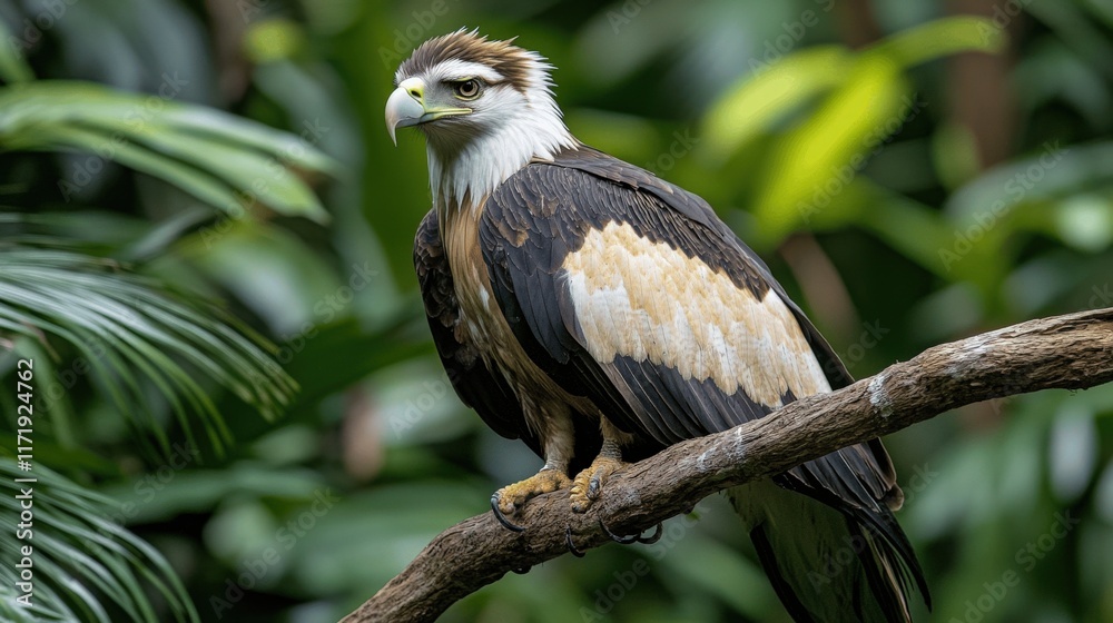 Majestic Philippine Eagle Perched on Tree Branch Amidst Lush Green Tropical Jungle Foliage, Capturing the Essence of Wildlife Photography and Conservation Majestic Philippine Eagle Perched on Tree Branch Amidst Lush Green Tropical Jungle Foliage, Capturing the Essence of Wildlife Photography and Conservation