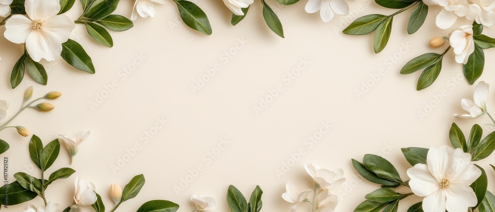 A delicate white flower frame adorned with lush green leaves, perfect for celebrating love and romance this Valentine's Day. A delicate white flower frame adorned with lush green leaves, perfect for celebrating love and romance this Valentine's Day.