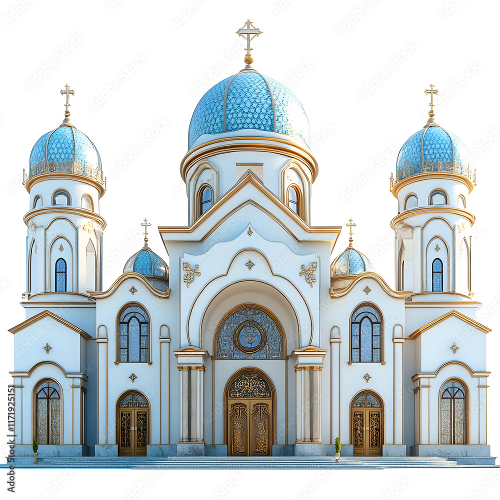 Obraz premium White Church with Blue Domes and Golden Accents Isolated on Transparent Background