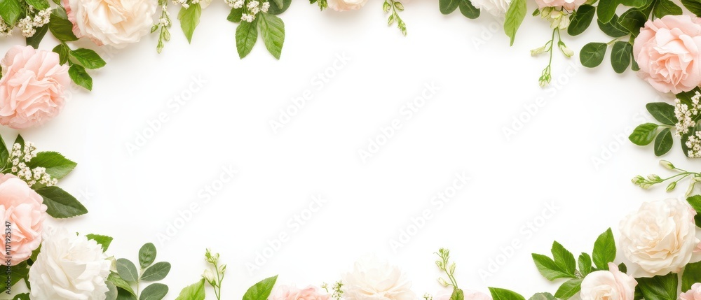 A delicate frame of pink and white flowers encircles lush green leaves, creating a romantic backdrop perfect for celebrating love on Valentine's Day. A delicate frame of pink and white flowers encircles lush green leaves, creating a romantic backdrop perfect for celebrating love on Valentine's Day.