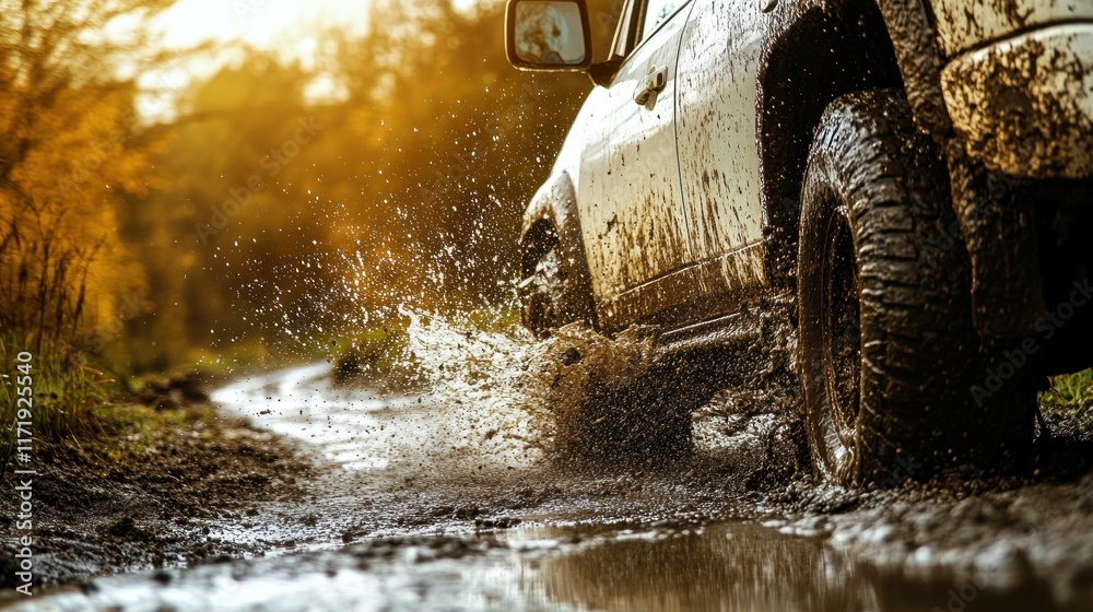 Off-road vehicle splashing through muddy terrain. Off-road vehicle splashing through muddy terrain.