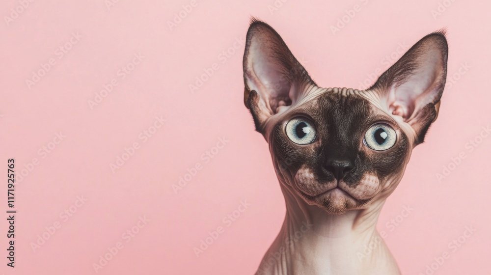 A sphynx cat shows a humorous expression while tilting its head to the side, isolated with a soft pink background A sphynx cat shows a humorous expression while tilting its head to the side, isolated with a soft pink background