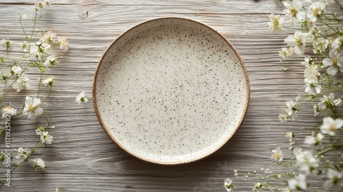 Empty Speckled Plate with Delicate White Flowers on Wooden Table