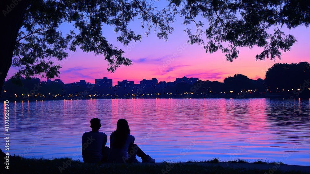 Two lovers sit on the lush grass by the shimmering water, wrapped in each other's warmth, sharing whispers of affection and dreams under the soft glow of sunset. Two lovers sit on the lush grass by the shimmering water, wrapped in each other's warmth, sharing whispers of affection and dreams under the soft glow of sunset.