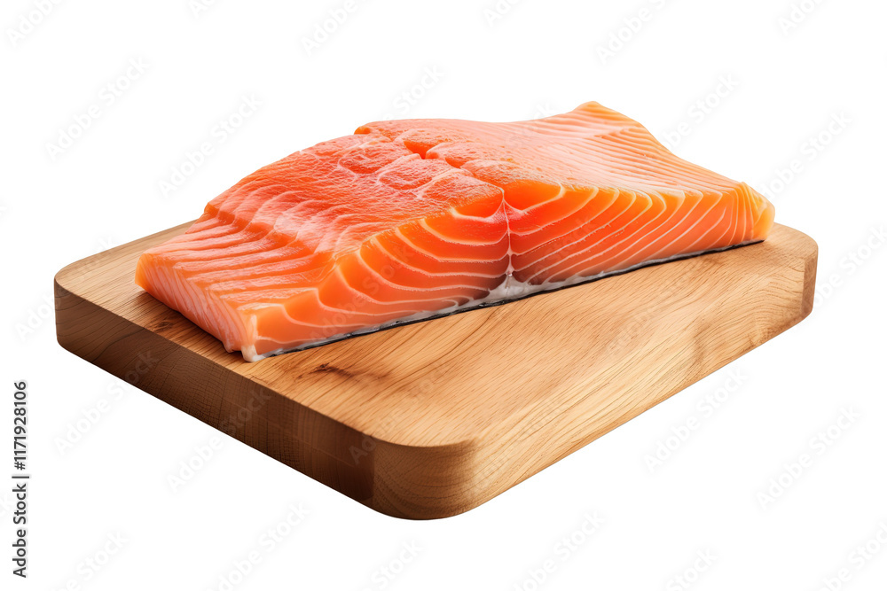 slice of raw salmon on wooden board isolated white or transparent background slice of raw salmon on wooden board isolated white or transparent background