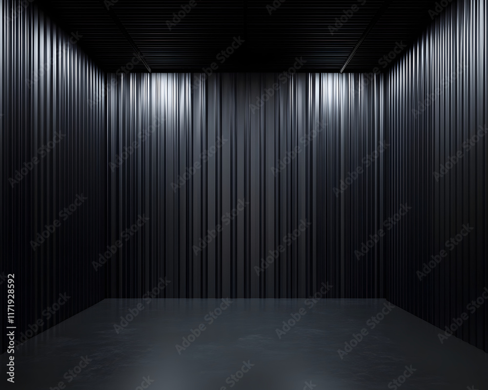 Interior: Dark Room with Corrugated Metal Walls and Floor Interior: Dark Room with Corrugated Metal Walls and Floor