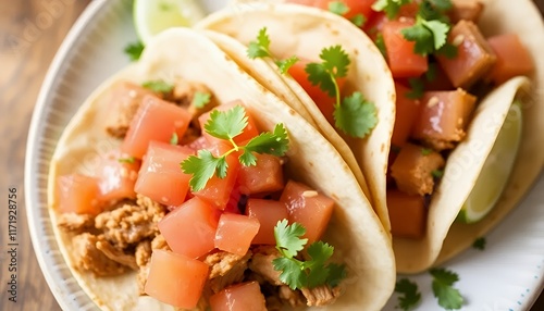 there are two tacos on a plate with tomatoes and cilantro. photo