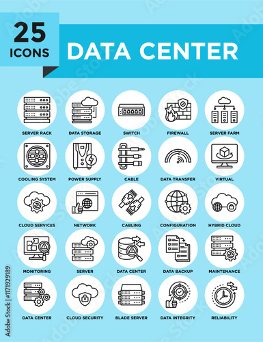 Data Center icon collection set. Containing design computer, database, internet, data, server	