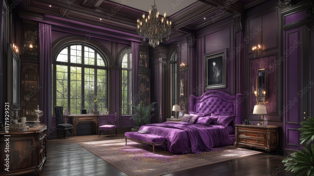 A dreamy purple bedroom adorned with a plush bed and a sparkling chandelier, creating an enchanting atmosphere perfect for a romantic Valentine's Day retreat. A dreamy purple bedroom adorned with a plush bed and a sparkling chandelier, creating an enchanting atmosphere perfect for a romantic Valentine's Day retreat.