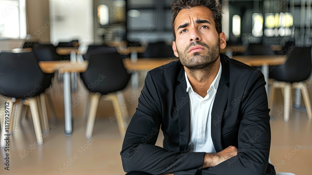 Fototapeta premium Solitary businessman in modern office, surrounded by empty desks and dim lighting, expressing loss and uncertainty, symbolizing corporate layoffs. 