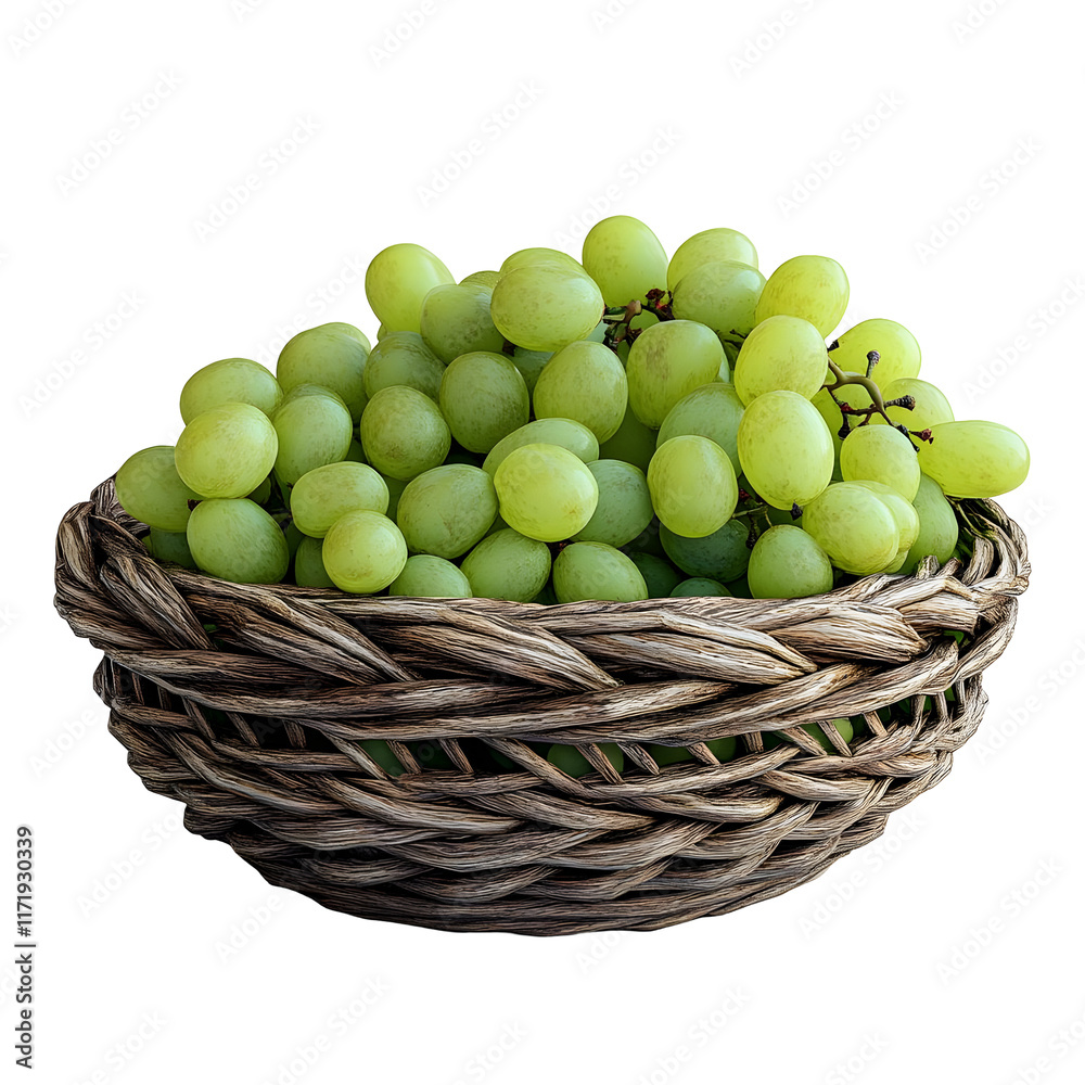 Green Grapes in Woven Basket on White Background Isolated on Transparent Background Green Grapes in Woven Basket on White Background Isolated on Transparent Background