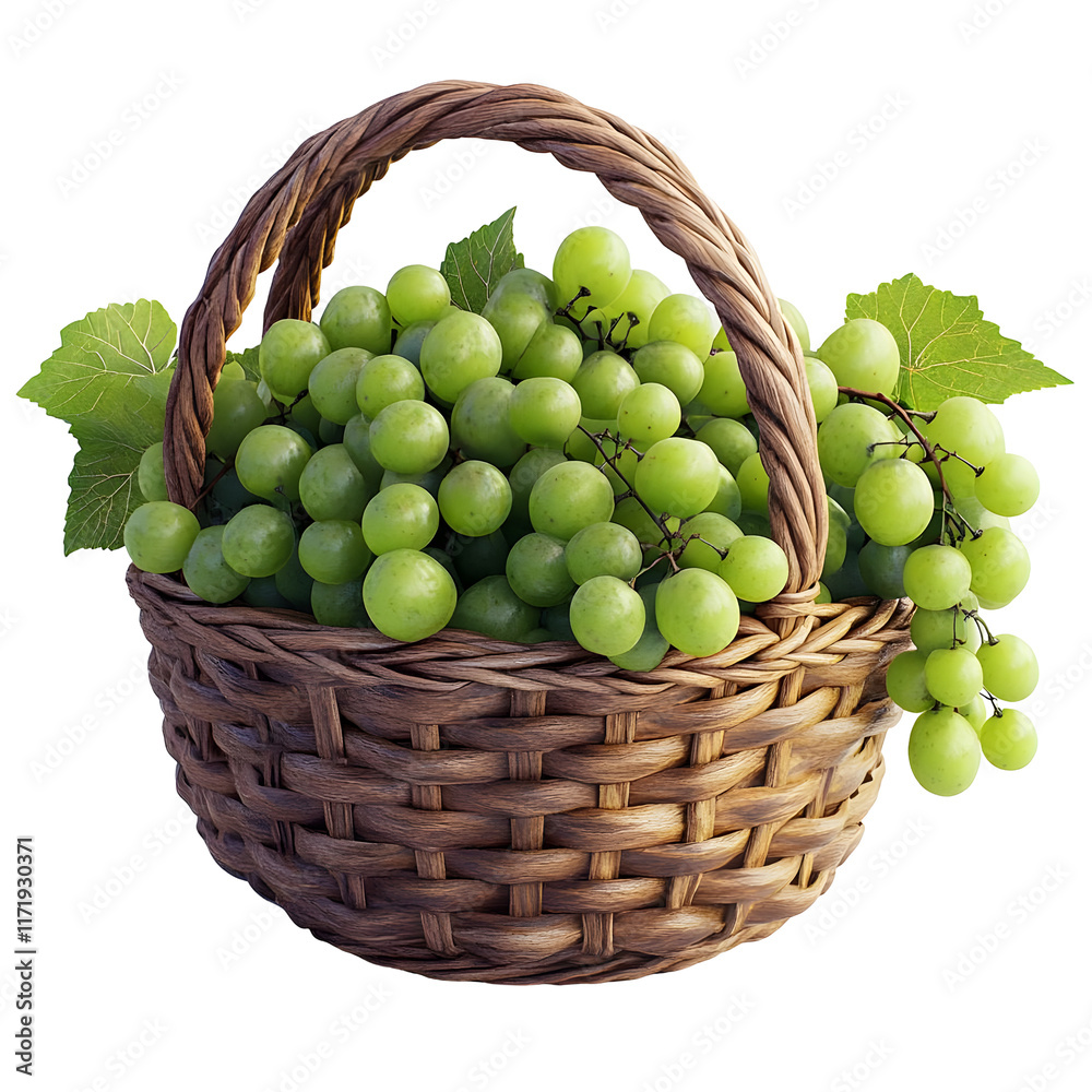 A basket of green grapes with leaves isolated on a transparent background, a simple image of fresh green grapes in a wicker basket with a white background. A basket of green grapes with leaves isolated on a transparent background, a simple image of fresh green grapes in a wicker basket with a white background.