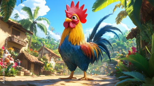 Cartoon rooster in vibrant tropical village.