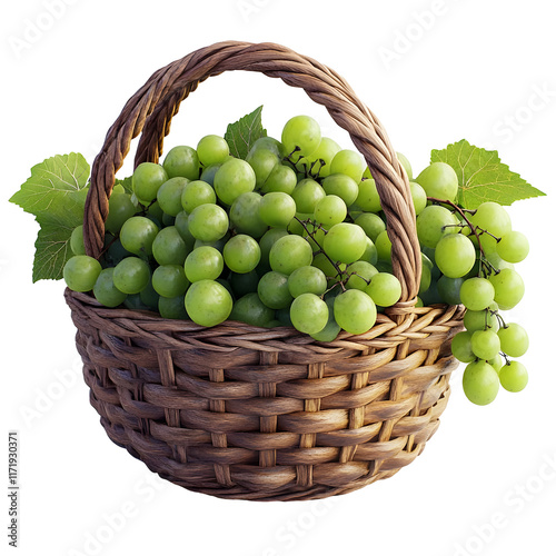 A basket of green grapes with leaves isolated on a transparent background, a simple image of fresh green grapes in a wicker basket with a white background. photo