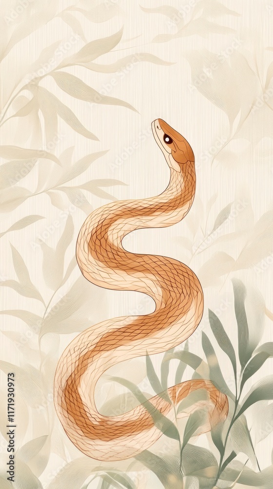 Fototapeta premium Elegant light brown snake coiled among beige foliage.