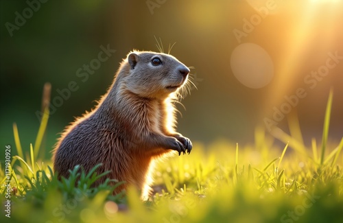 Adorable groundhog emerges from burrow, basks in warm sunlight on sunny day. Rodent cute, furry. Wildlife scene in nature. Winter ending. February tradition. Groundhog Day prediction. Celebration of