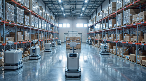 Moderne Logistik: Robotik und Automatisierung in einem Smart-Warehouse großes Warenlager setzt auf automatisierte Roboter photo