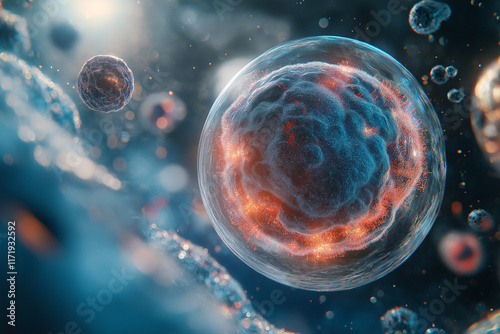 A close-up of an artificial cell or human-like cells molecules and organelles.Symbolizes scientific exploration, vitality and overall body health within it, artificial cell medical illustration style. photo