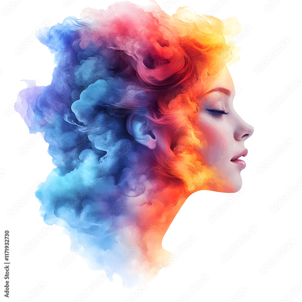 Fototapeta premium Woman's Silhouette Surrounded by Vibrant Colorful Smoke on a Transparent Background