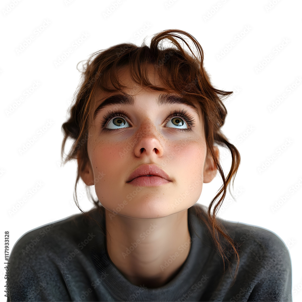 Woman with brown hair looking up with green eyes, isolated against a white background. Woman with brown hair looking up with green eyes, isolated against a white background.