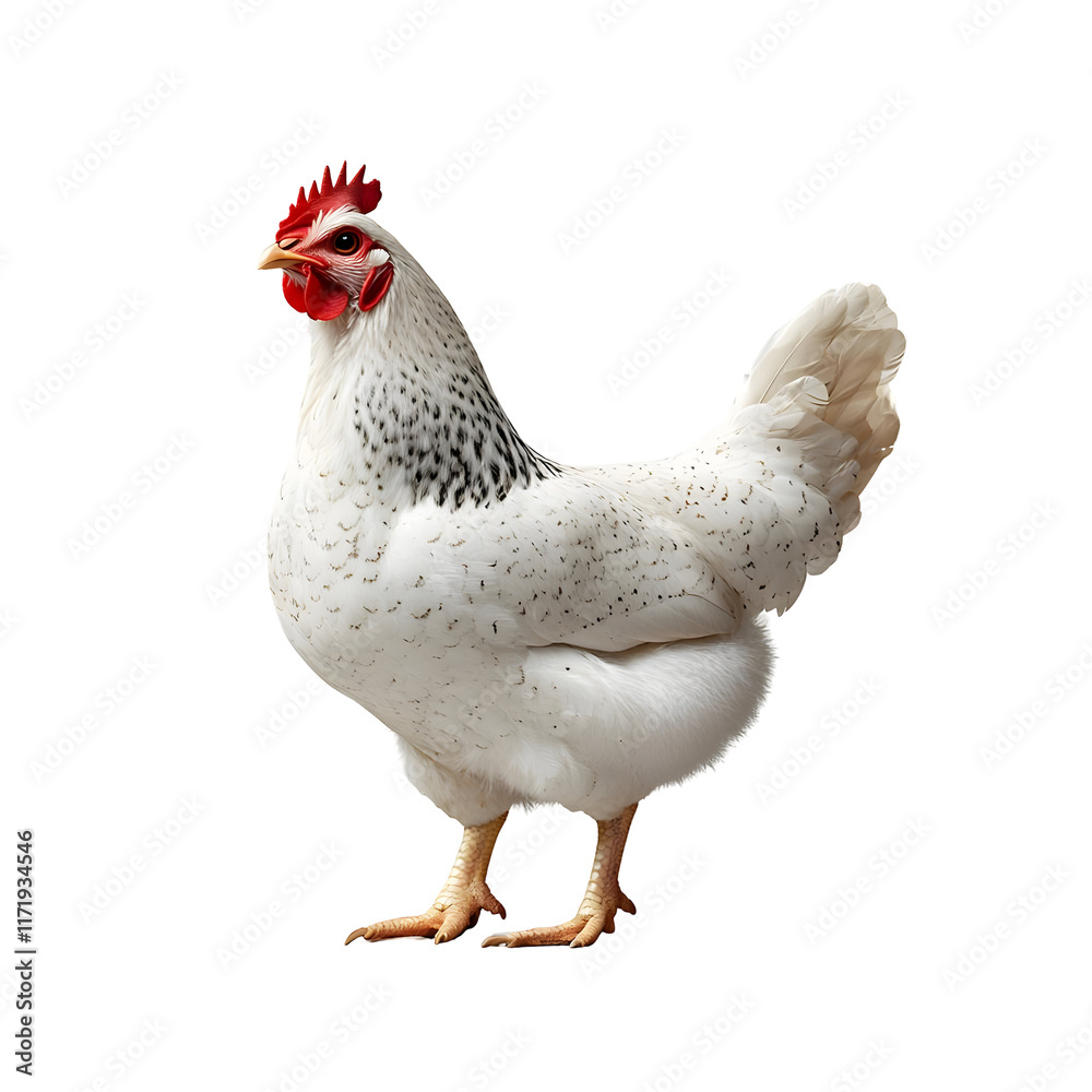 Fototapeta premium White Hen Standing With Black Spots Isolated On A Transparent Background