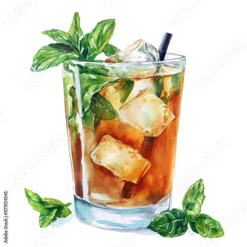 A watercolor vector painting of an Iced Mint Tea, isolated on a white background. Iced Mint Tea vector.

