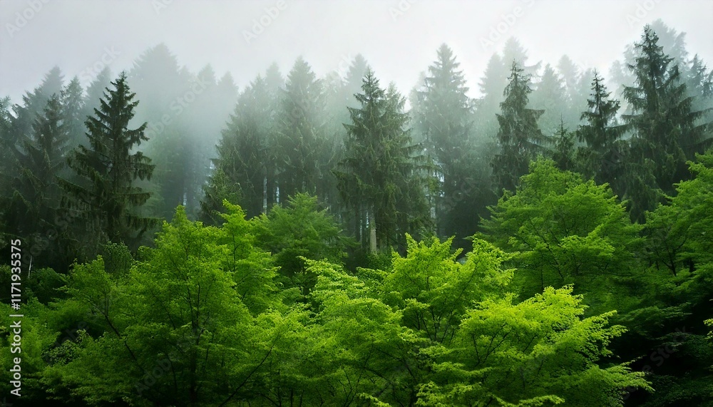 Fototapeta premium The scene captures the dense, lush green trees shrouded in a mystical