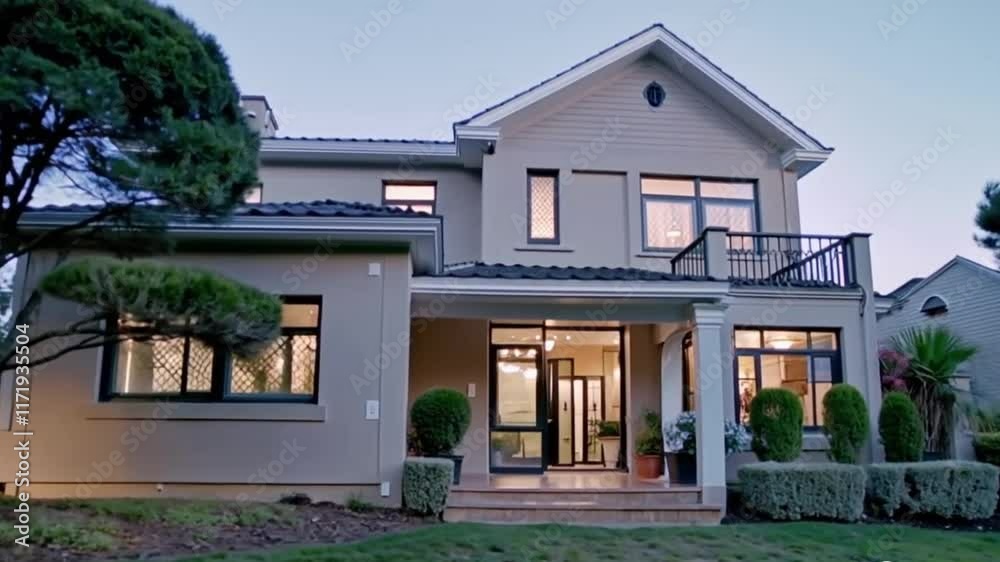 Charming home exterior at dusk with warm glowing interior lights and well-manicured landscaping. A serene and inviting atmosphere highlights modern elegance. Charming home exterior at dusk with warm glowing interior lights and well-manicured landscaping. A serene and inviting atmosphere highlights modern elegance.