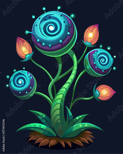 Alien Plant: Glowing Teal & Orange Spiral Flowers - Game Asset.