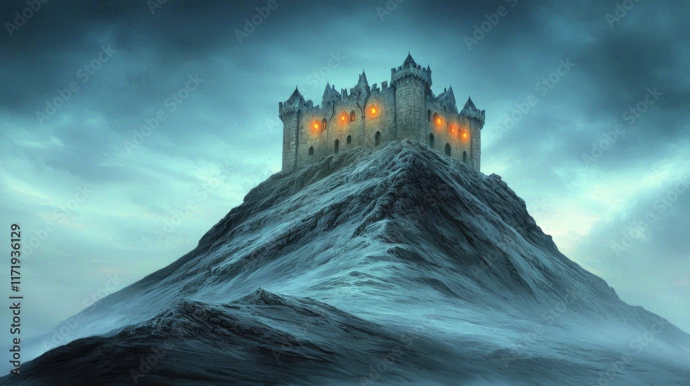 The eerie silhouette of a massive castle looms ominously atop a desolate mountain peak, shrouded in darkness as the glowing eyes of lurking vampires peer out from the shadowy battlements The eerie silhouette of a massive castle looms ominously atop a desolate mountain peak, shrouded in darkness as the glowing eyes of lurking vampires peer out from the shadowy battlements