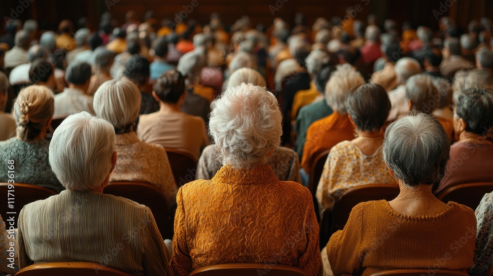 Obraz premium Engaging community gathering local hall discussion forum elderly participation audience perspective social interaction