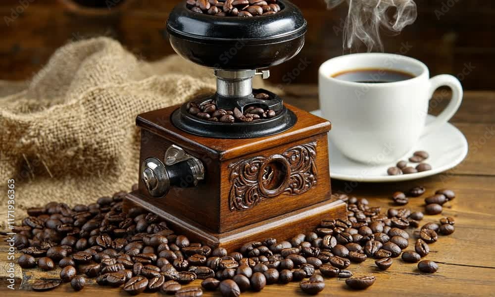 Aromatic Coffee: Vintage Grinder and Fresh Brew